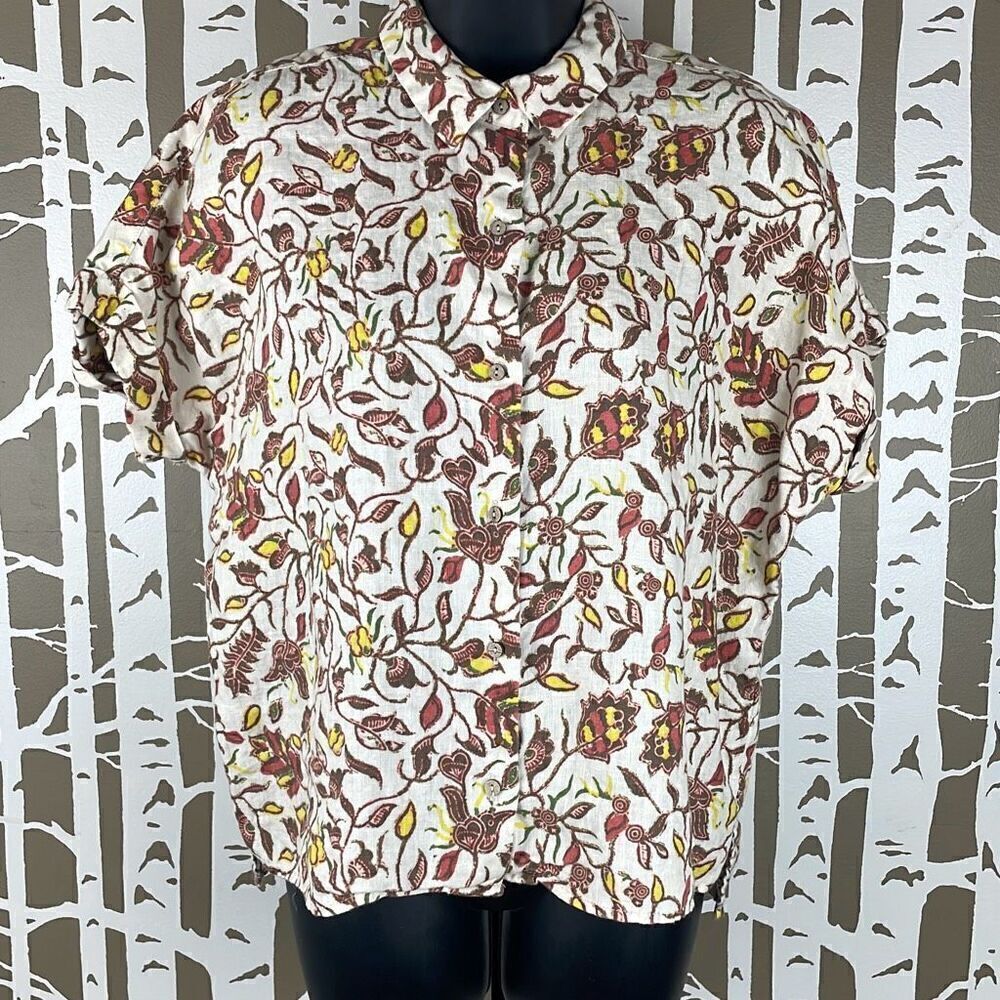 Rachel Zoe Linen Floral Print Button Front Short Sleeve Top S